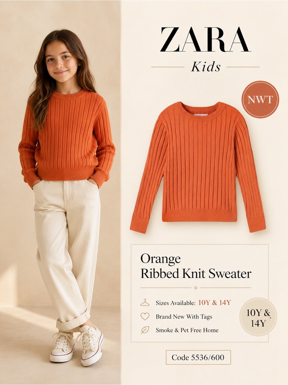 Zara Kids Orange Ribbed Knit Crewneck Sweater NWT Size 10/14